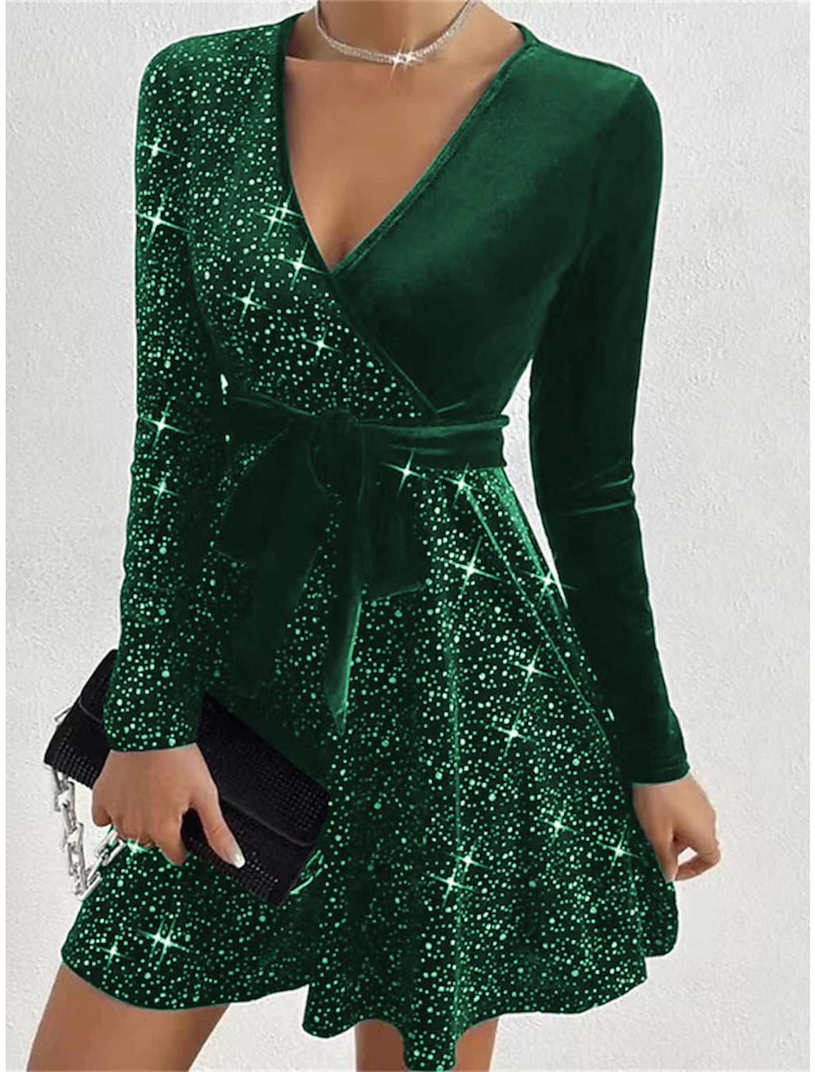 Vestido negro de mujer, vestido de terciopelo, vestido de lentejuelas, minivestido de corte A, negro, rojo, azul real, manga larga, liso, Navidad, otoño, invierno, cuello en V, moda